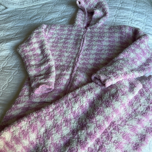 Skims Cozy Pink and White Houndstooth Hooded onesie
